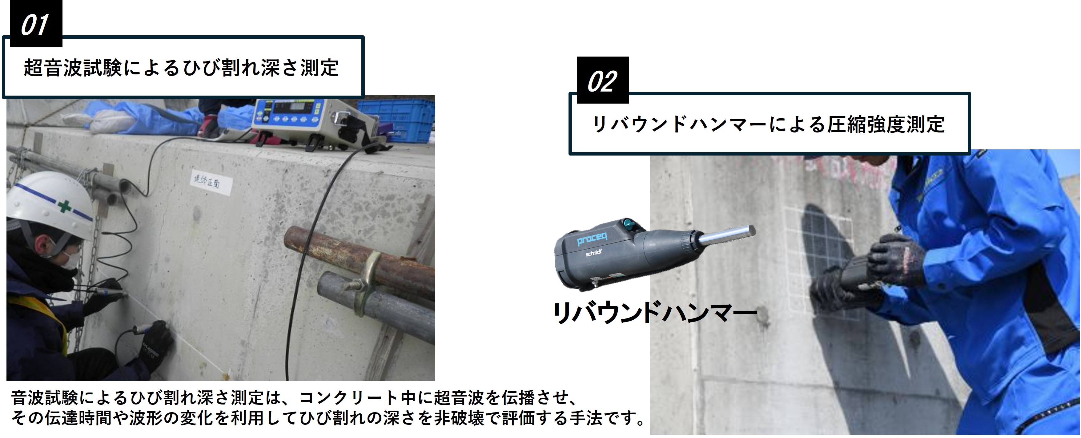 超音波試験器によるひび割れ深さ測定/リバウンドハンマーによる圧縮強度測定